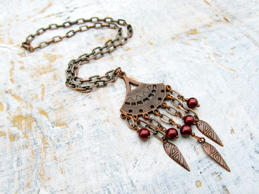 Boho statement necklace burgundy copper Bohemian chain necklace