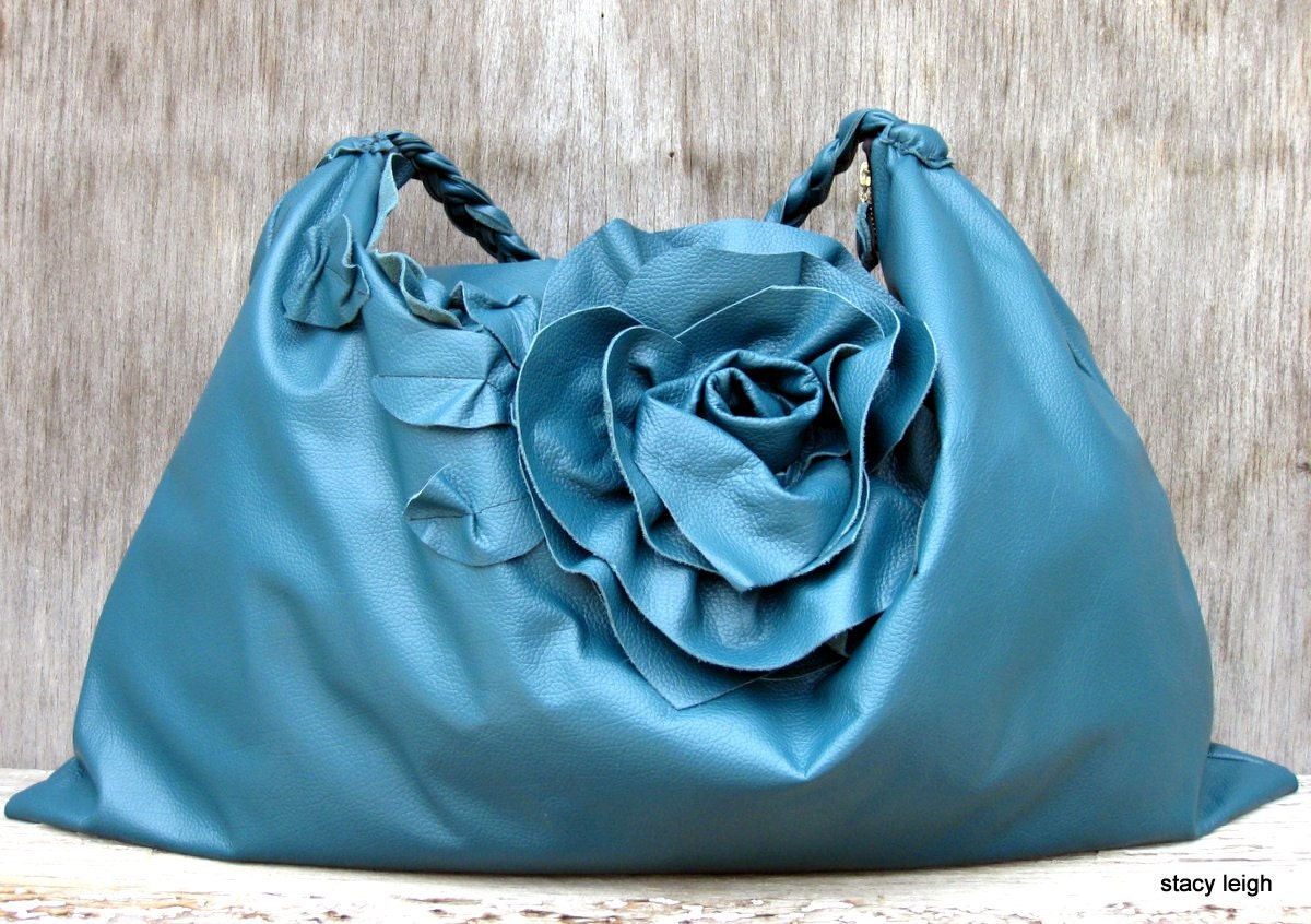 Slouchy Extra Large Leather Hobo Bag in Evergreen Teal  Rose by Stacy Leigh RESERVED for Ivy