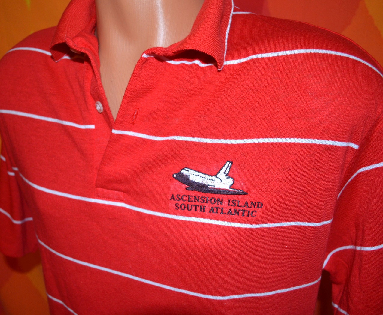 vintage 80s polo golf shirt ASCENSION ISLAND south atlantic equator volcano airplane jet pilot Large XL