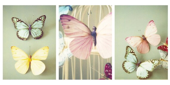 Pastel Butterflies set of 3 whimsical 5x7" photos- girls room, nursery, room decor pastel pink, green, yellow, blue tones