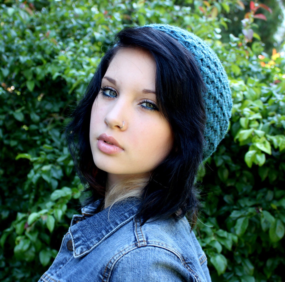 Celebrity slouch hat chunky beret Teal blue