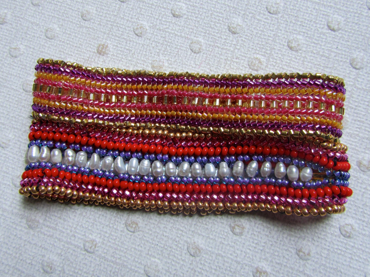 Colorful Friendship Bracelet, Seed Bead Jewelry, Pink Red, Purple Gold