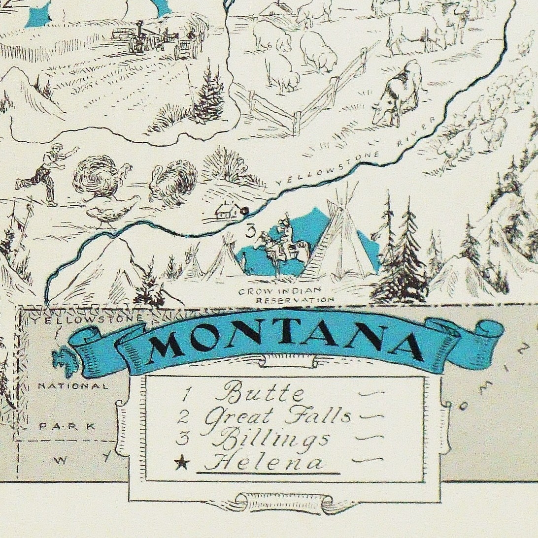 Montana Map - A Fun and Funky Little Vintage 1930s Picture Map to Frame