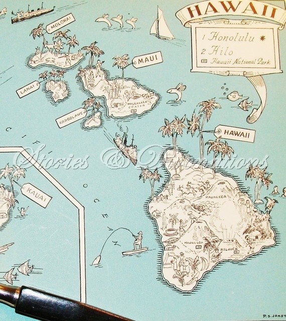 Hawaii Vintage Map - Spring Break - Cottage Chic - A Fun and Funky Little Vintage Map to Frame