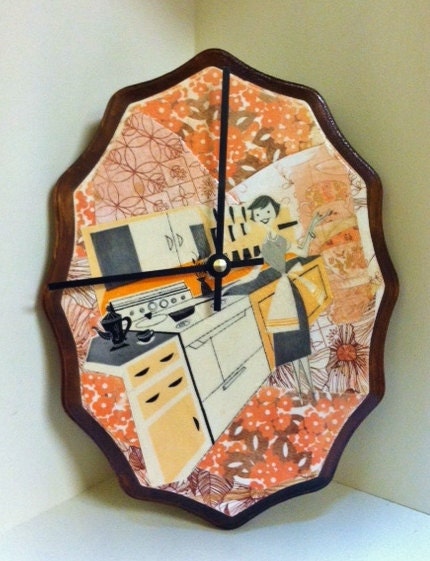 Vintage Kitchen Kitsch Collage Handmade Wood Clock by cadencedesigns on etsy