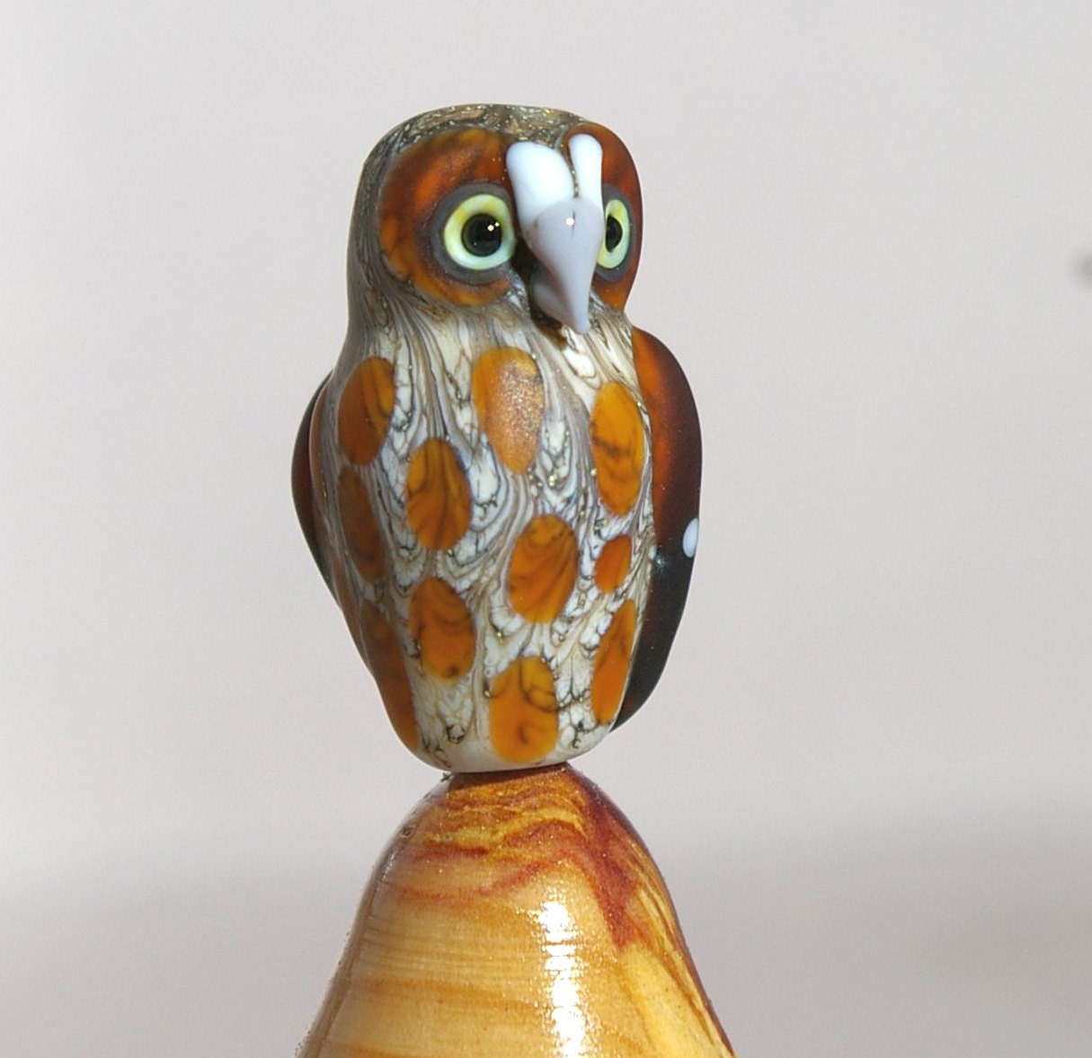 Elf Owl wearable lampwork wildlife sculpture - glass bead by cleo Dunsmore Grama Tortoise