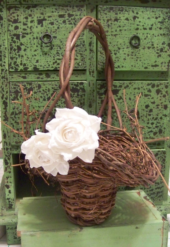 Rustic Flower Girl's Basket with Paper Roses-in Different Colors