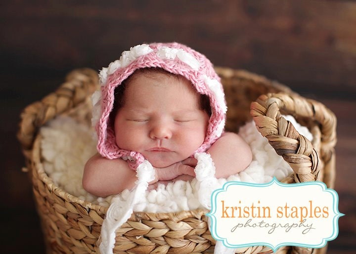 Pink Vintage Style Lace Look Crocheted Baby Bonnet with Ribbon