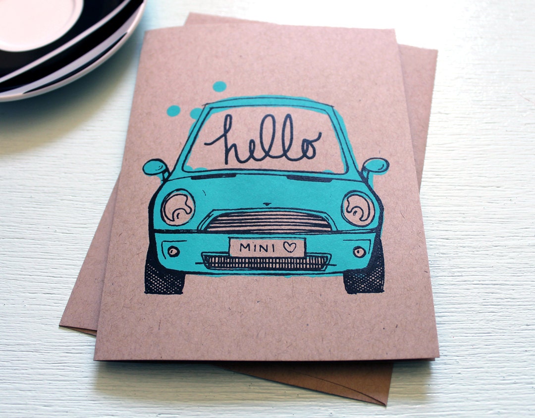 Hello MINI Cooper Card. Hand Screen Printed in Teal.