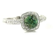 14K Green Sapphire Engagement Ring Diamond Halo Sapphire Ring 14K 18K White Yellow Rose Gold Platinum Palladium Bridal Jewelry