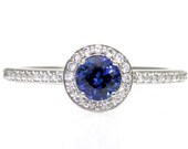 14K Blue Sapphire Engagement Ring Diamond Halo Sapphire Ring Custom Wedding Jewelry