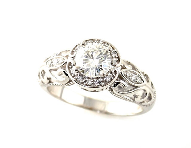 14K Vintage Moissanite Engagement Ring Diamond Halo Art Nouveau Moissanite Ring Custom Bridal Jewelry