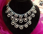 Vintage rhinestones Rose Blue handpainted necklace