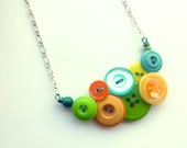 Bright Neon Jewelry - Vintage Button Necklace - Aqua, Tangerine Orange, Yellow, Lime
