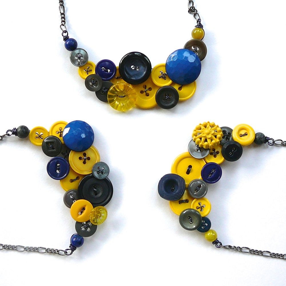Set of 3 Coordinating Necklaces - Vintage Buttons in Yellow, Navy, Gray - Bridesmaid Jewelry