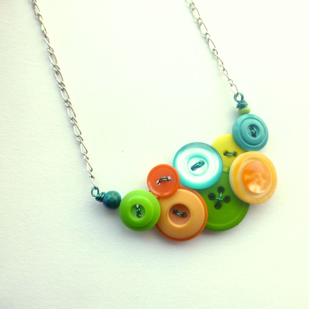 Bright Neon Jewelry - Vintage Button Necklace - Aqua, Tangerine Orange, Yellow, Lime