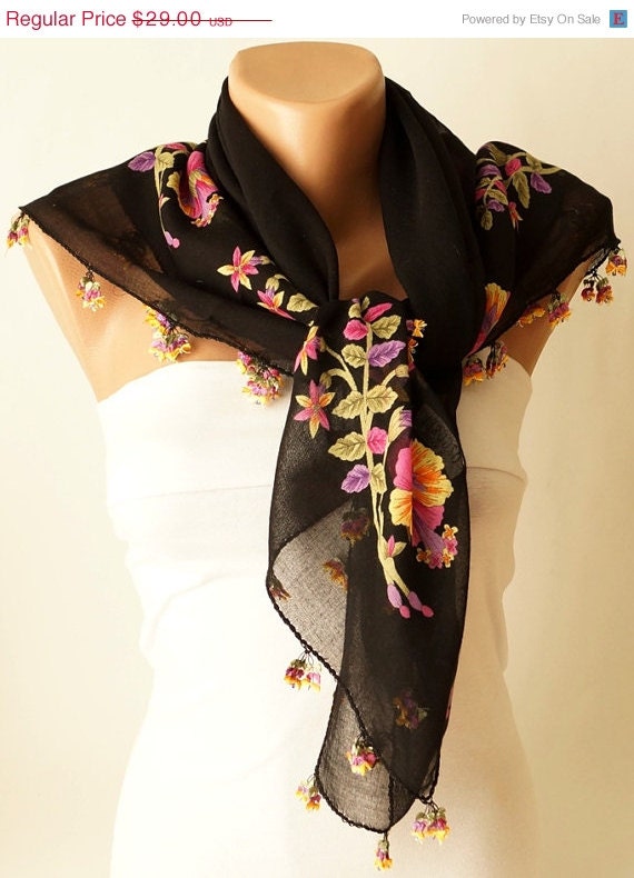 SALE - Black , Flower  Cotton with Handmade Turkish OYA Spring Scarf
