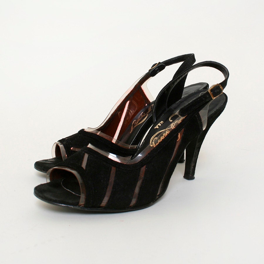 Vintage Cocktail Heels - Black Suede and Clear Cut-Out Heels - Size US 6
