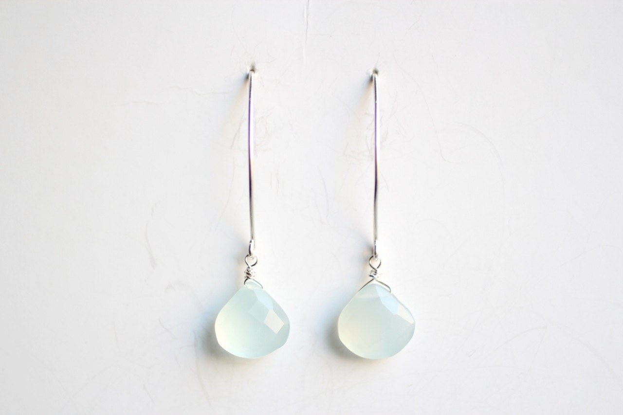 Minimalist Mint Chalcedony Briolette Earrings - Sterling Silver Wire