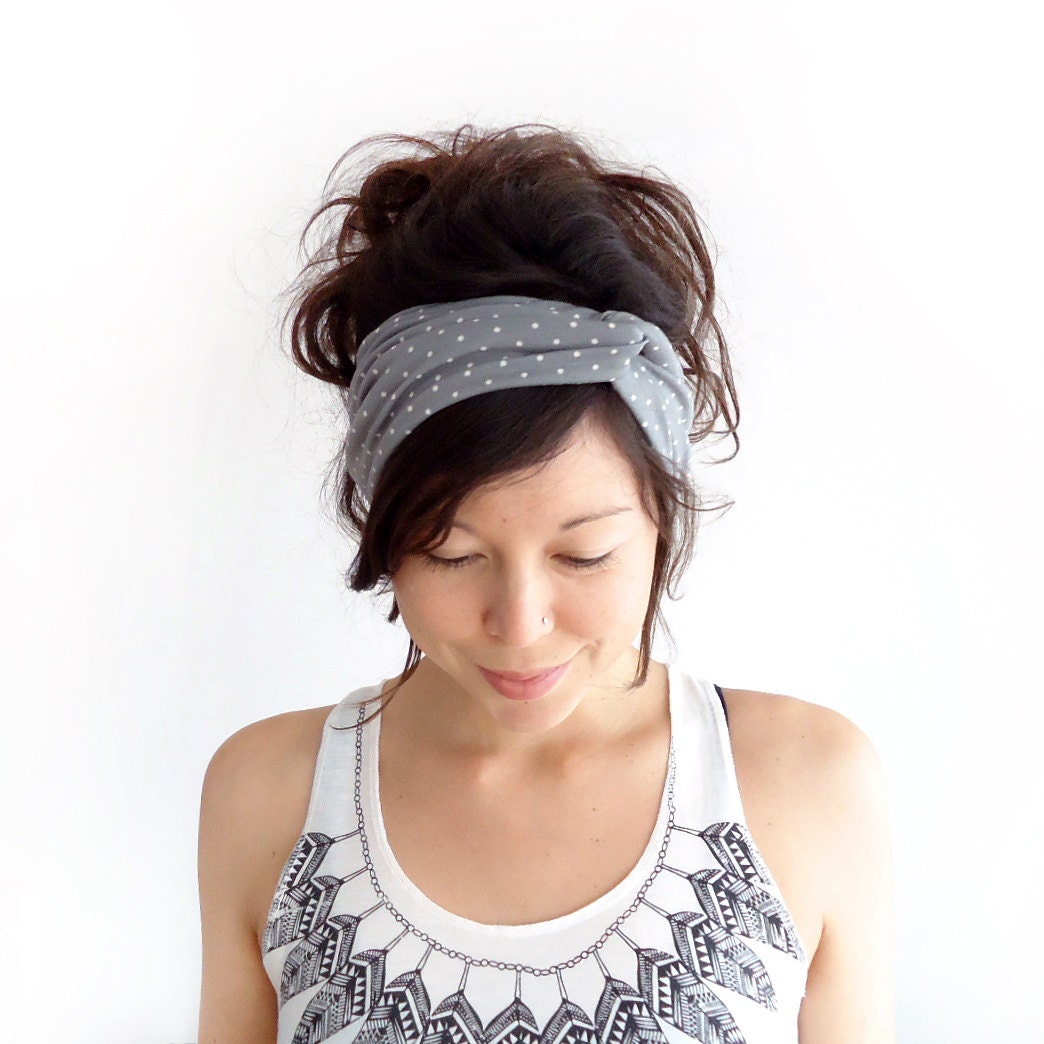 Turban Headband Grey with White Polka Dot