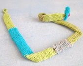 Fiber art necklace -  green turquoise - color block choker - knit  tube necklace -  floral yarn choker