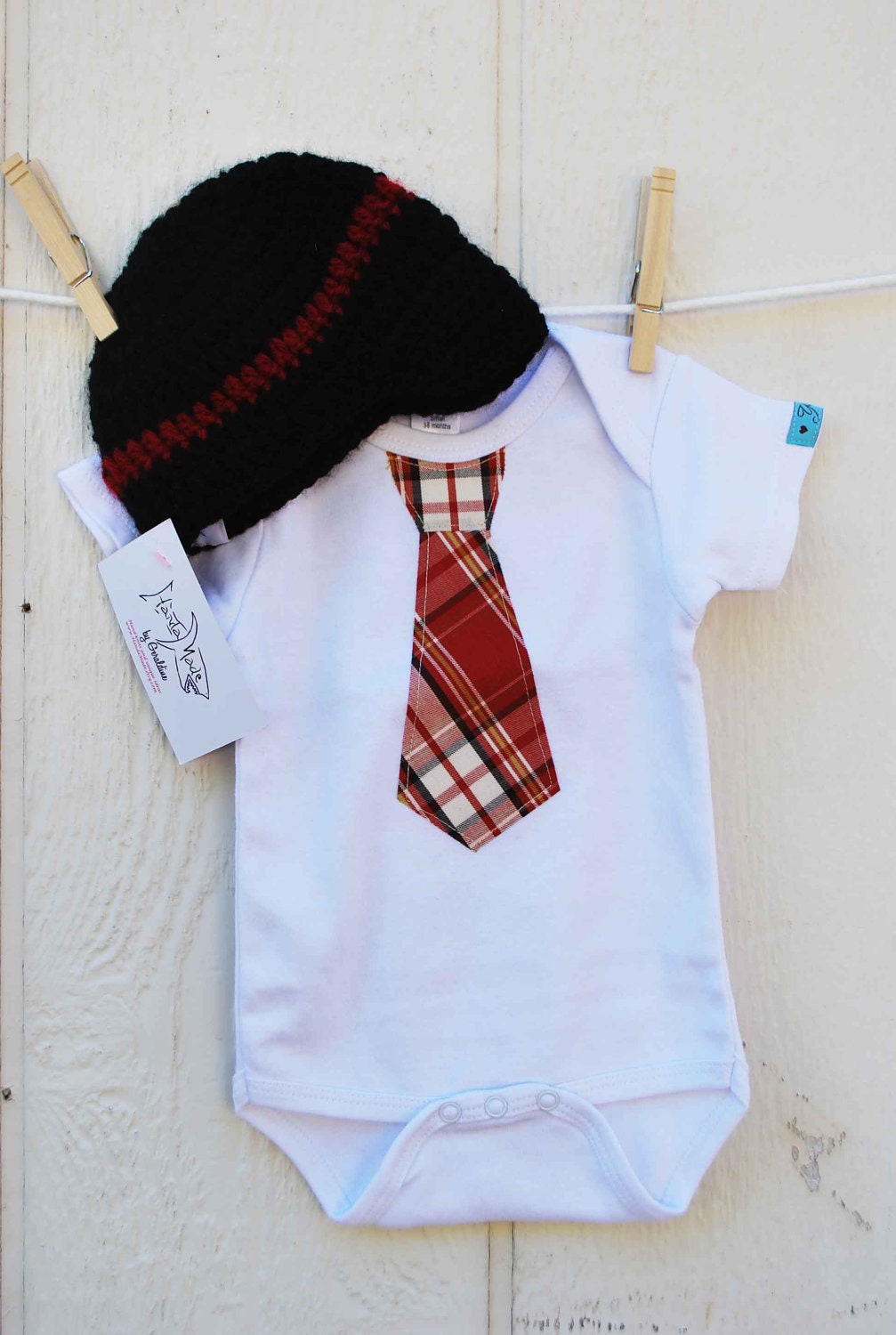 BABY BOY GIFT Set..... Red Plaid Necktie applique baby bodysuit and coordinating beanie...Great for pictures, church or birthday outfit