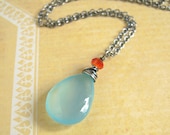 Aqua Blue Chalcedony Necklace, Gemstone Carnelian Necklace, Oxidized Sterling Silver