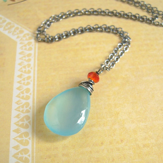 Aqua Blue Chalcedony Necklace, Gemstone Carnelian Necklace, Oxidized Sterling Silver
