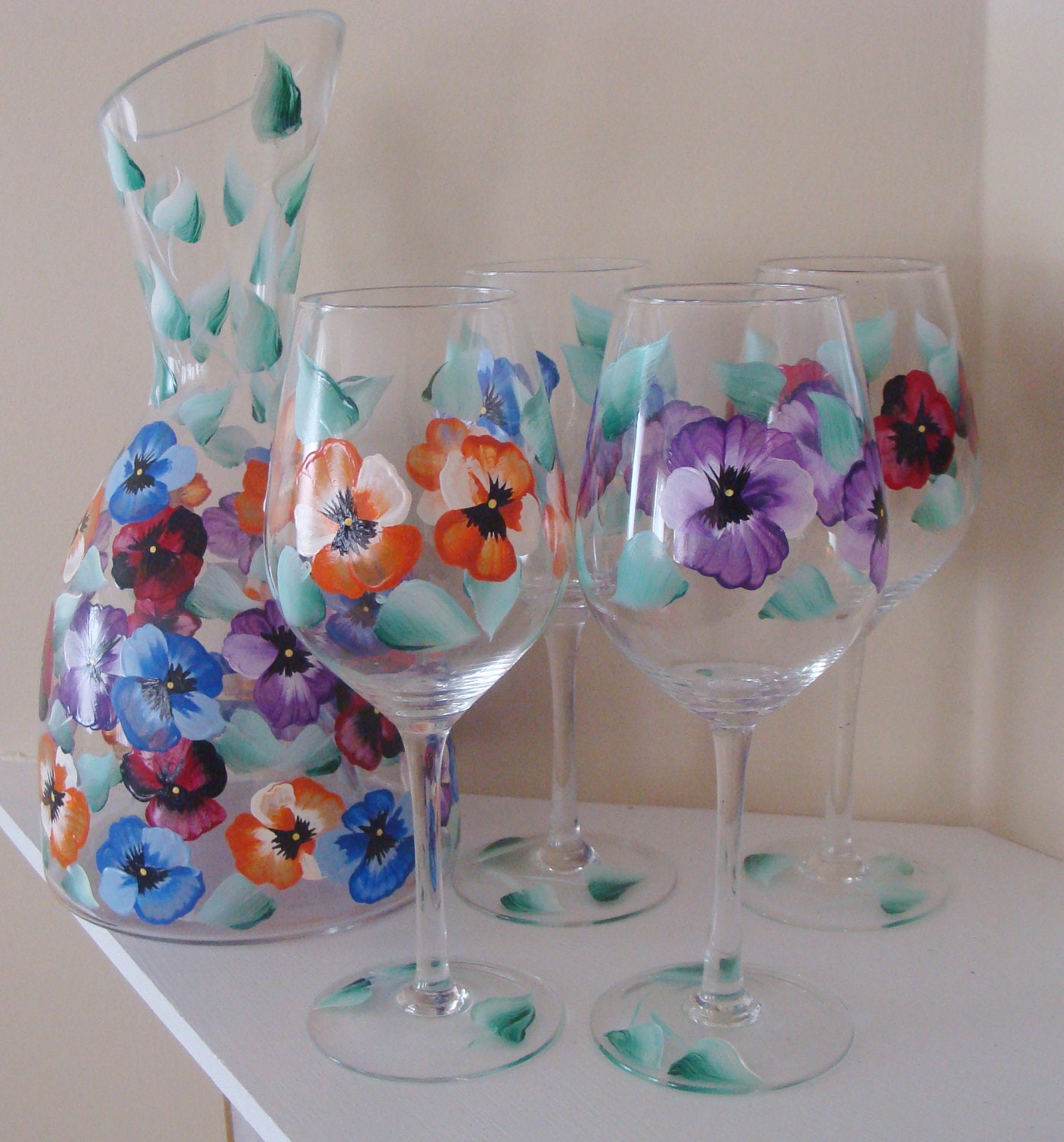 Pansy Wine Decanter and Four Wine Glasses Set Hand Painted