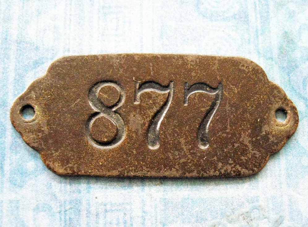 Antique Brass Number Tag Postal Box 877 Tag Rustic Primitive Victorian Ephemera PO Box ID DIY Pendant Steampunk