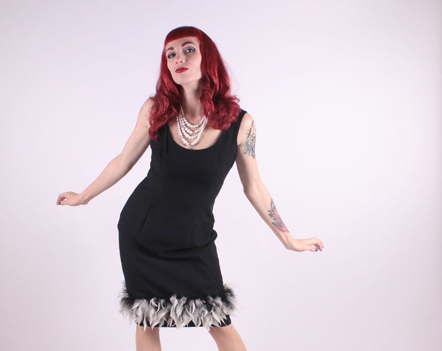 50s Dress - Black Cocktail Wiggle Dress with Feather Trim Skirt - Small