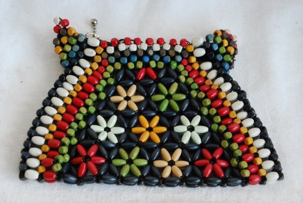 Vintage Retro Wooden Bead Clutch Bag Purse 1940's