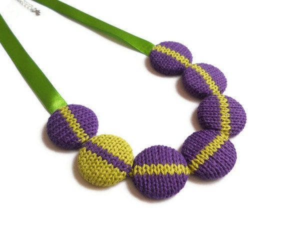 Small Knitted Cotton Necklace Stripe -Purple and Lime (Free UK Shipping)