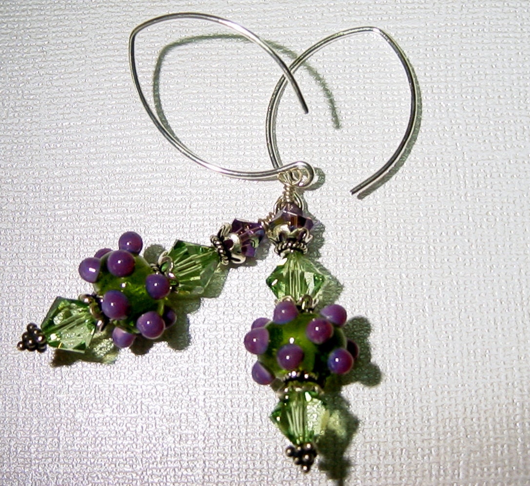 Lilac and Peridot Lampwork, Swarovski Crystals and Sterling Silver Earrings