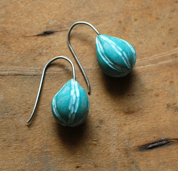 Buoy carved drop earrings in aqua