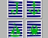 Personalized Nautical Lobster Sailboat Initial Anchor Boy Print Set of 4 Prints Wall Decor Art Nursery Sea Picture Matching Green Navy Blue