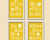 Cute Colorful Bold Typography Yellow You Are My Sunshine Quote Crib Nursery Song Print Artwork Set of 4 Prints Wall Decor Art Picture