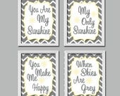 Grey Yellow Chevron Pattern You Are My Sunshine Quote Crib Nursery Song Print Artwork Set of 4 Prints Wall Decor Art Picture