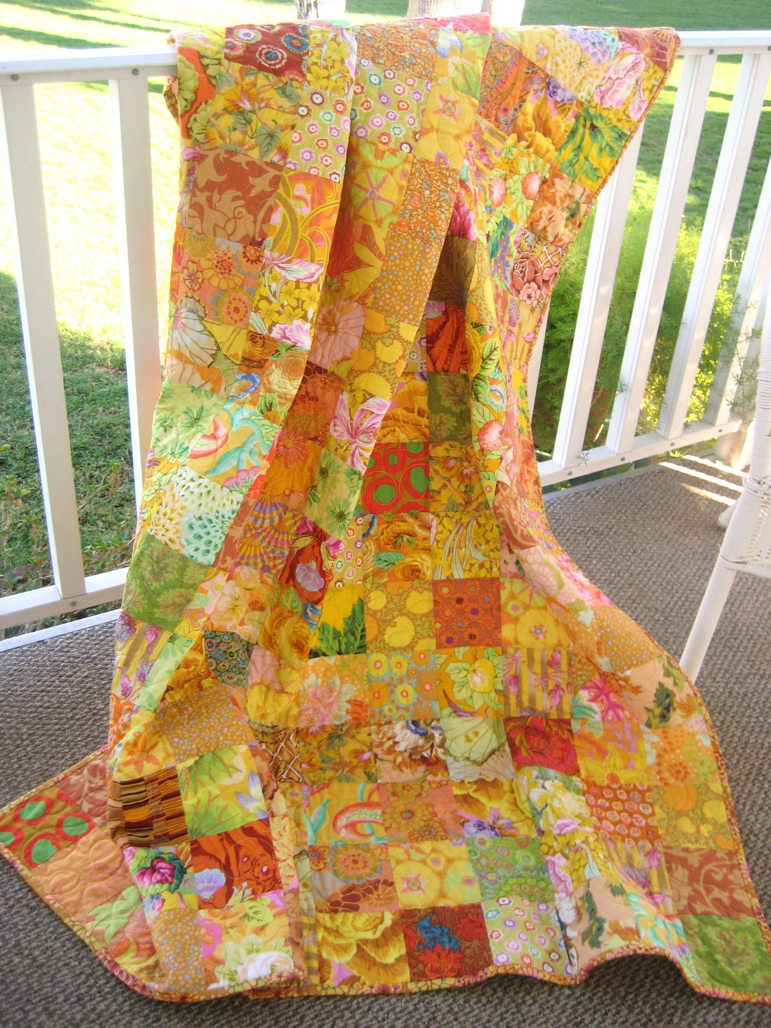 Patchwork Quilt Throw Size Blanket Kaffe Fassett Sunshine Yellow Greens Spring