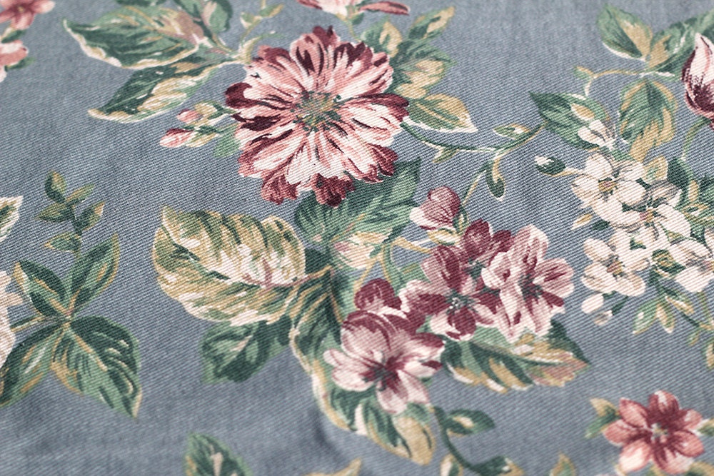 vintage fabric - blue floral barkcloth look fabric - 4 1/3 yards