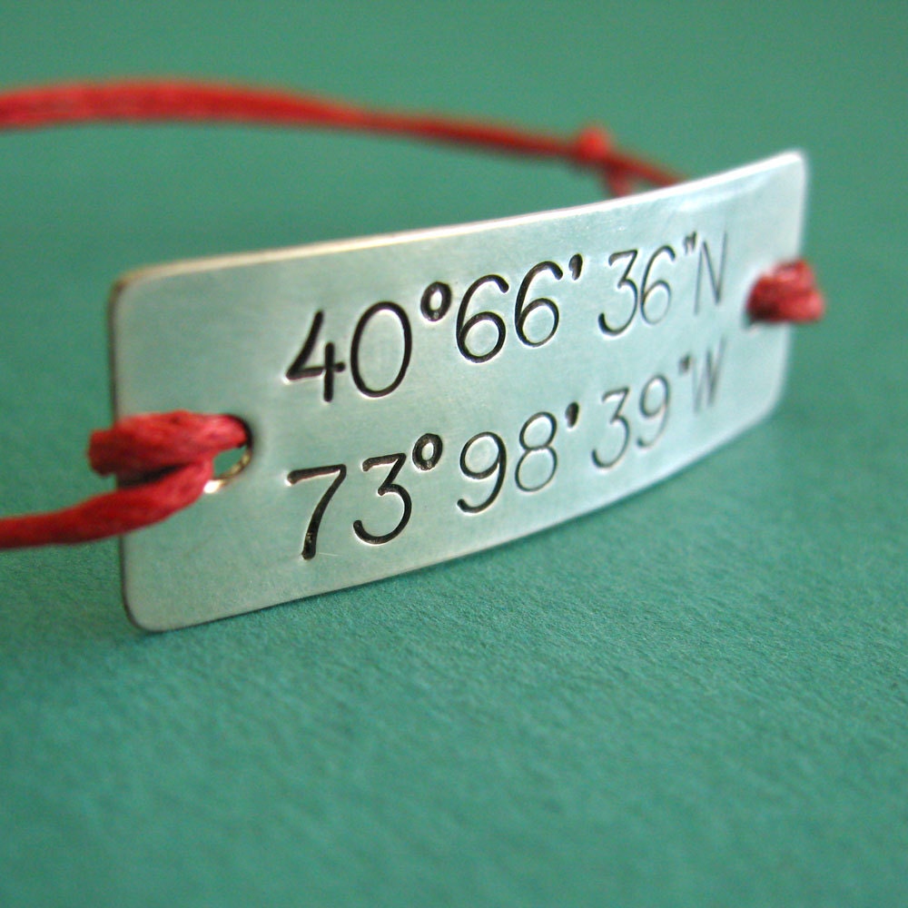 Personalized Latitude and Longitude Sterling Silver slide knot bracelet on cotton cord - custom stamped