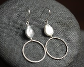 Coin pearl and silver hoop earrings