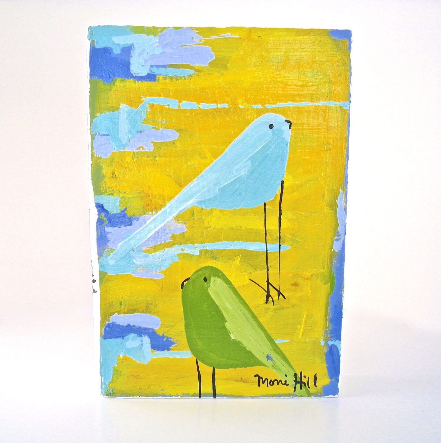 On A Quiet Day. Original, one of a kind, painting on reclaimed, recycled block of wood. Two colorful birds on abstract yellow background. - MoniHill On A Quiet Day. Original, one of a kind, painting on reclaimed, recycled block of wood. Two colorful birds on abstract yellow background. - MoniHill