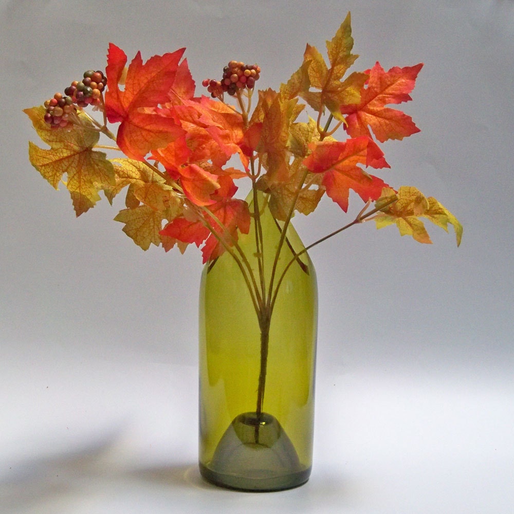 Recycled Wine  Bottle Vase,  Double Angle-Cut, Golden Green