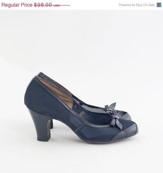 SALE Vintage 40s Deadstock Nautical Heels / 1940s Navy Blue Mesh Bow Pumps / 40s Shoes Size 6.5 / 1940s shoes EUR 37 - GingerRootVintage