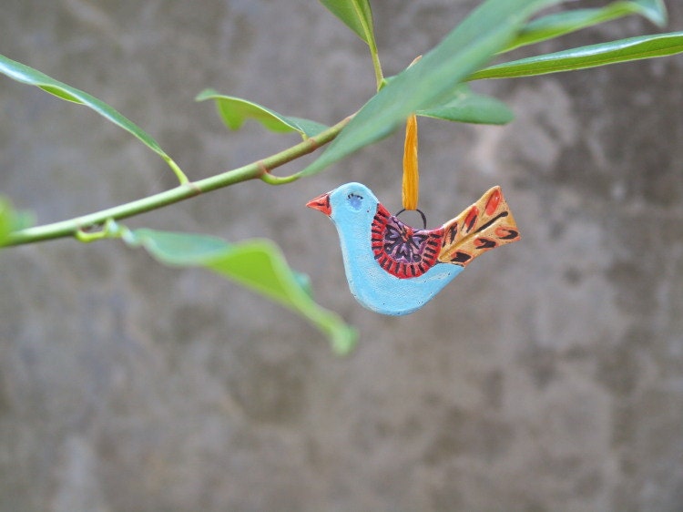 Tweet  Gift Package Tie On -Textured Clay Bird - Ceramic Pottery Mosaic Christmas Tree Trimming Ornament Whimsical Home Decor