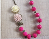 Nature inspired Cream and soft dusty pink Pompom Chrysanthemum, Flying Bird & Bright Pink Glass Beads Necklace