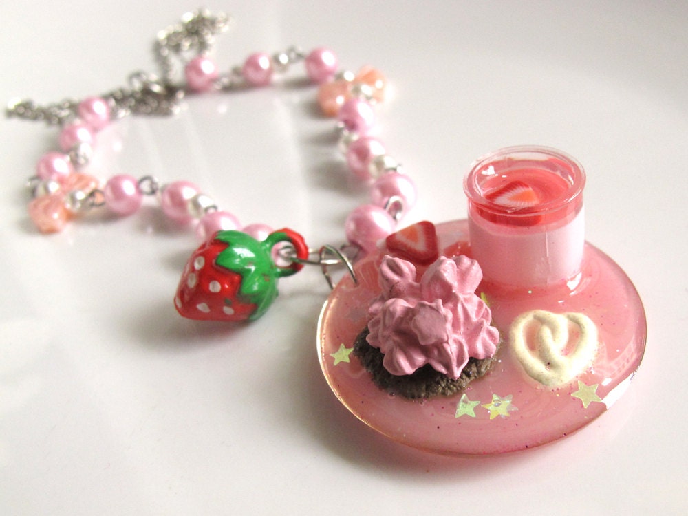 Reserved Pink Strawberry desserts with White chocolate cookie. Sweet desserts Food Miniature Pink glittery pendant Necklace