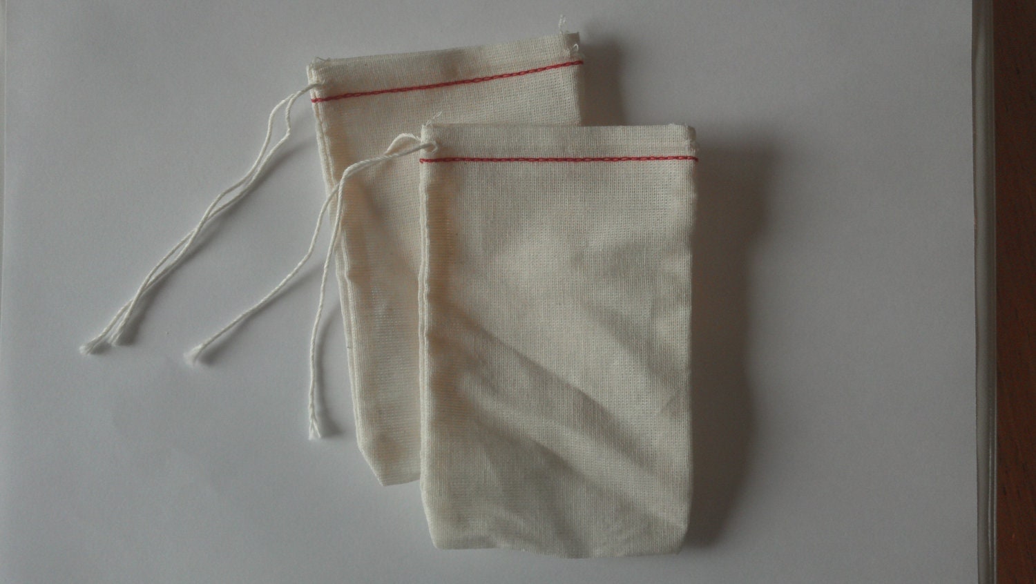 50 3x5 Cotton Muslin Drawstring Bags RED hem and natural drawstrings