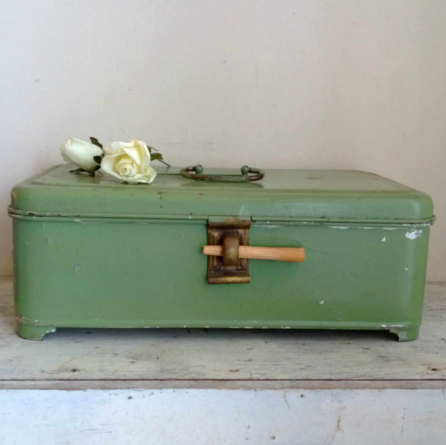 primitive green metal bread box